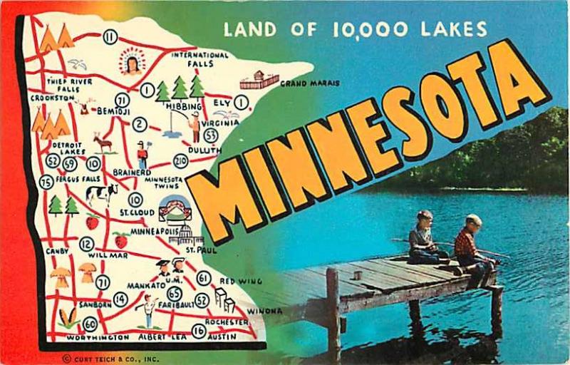 Land of 10,000 Lakes Minnesota MN Map Card