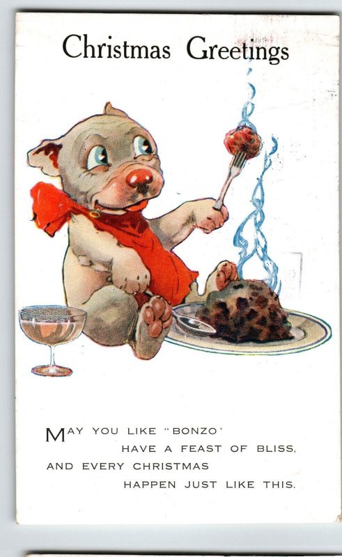 Bonzo Puppy Dog Eats Meatball Christmas Postcard Fantasy AR & Co Anthropomorphic