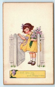 Stecher Greeting~ CUTE GIRL at Gate w/ FLOWERS c1910s Postcard: I Wish You JOY