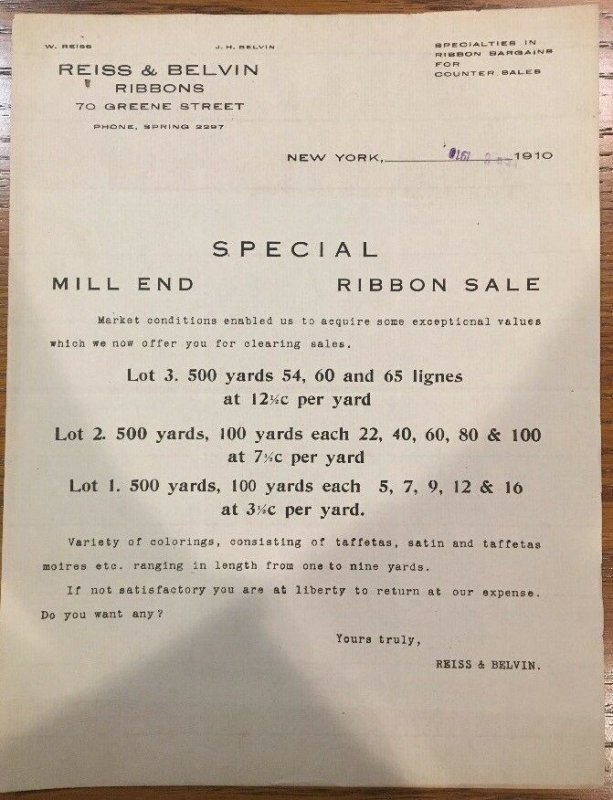 1910 REISS & BELVIN Satin Taffeta Ribbons NEW YORK New York  Letterhead