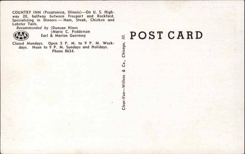 Pecatonia IL Illinois Country Inn c1940s Postcard 