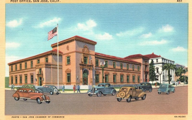 Vintage Postcard Post Office Facing St James Park Public Building San Jose CA