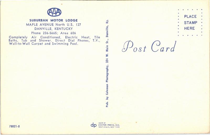 Suburban Motor Lodge, Danville Kentucky Vintage Postcard K07