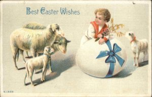 EASTER FANTASY Little Boy w Lambs and Giant Egg EMBOSSED c1910 Postcard