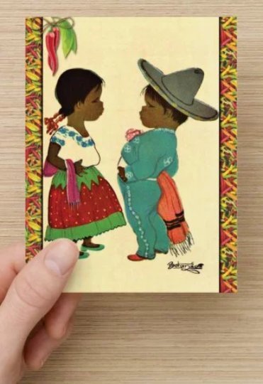 Hispanic Girl and Hispanic Boy on background of Oilette Hot Peppers Pattern