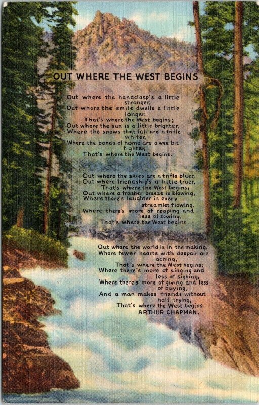 Out Where West Begins Poem Linen Postcard PM Estes Park CO Cancel WOB Note