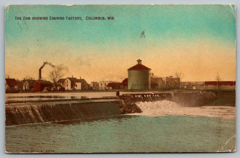 Columbus Wisconsin~Dam & Columbus Canning Co Factory~Homes~Railroad Train~1911 