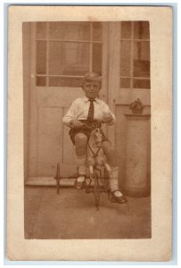 c1910's Boy Riding Horse Tricicyle England UK RPPC Photo Antique Postcard