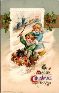 1911 Winsch Christmas Postcard Children with Black Doll Sledding Snowy Hill