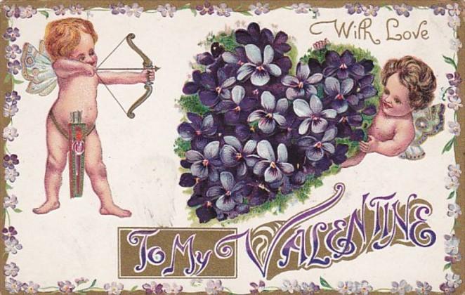 Valentine's Day Purple Flowers Cupid Shooting Arrow