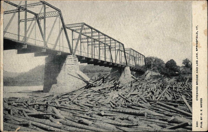 Springfield Vermont VT Cheshire Bridge and Log Jam Logging Vintage Postcard