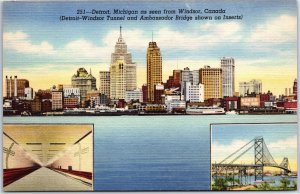 VINTAGE POSTCARD VIEW OF DETROIT MICHIGAN AS SEEN FROM WINDSOR CANADA c. 1945