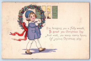 Christmas Postcard Little Girl With Wreath Berries Milton Oregon OR c1910's