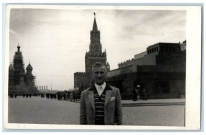 1955 Photo of a Man in Front of Building Tower Moscow Russia RPPC Photo Postcard