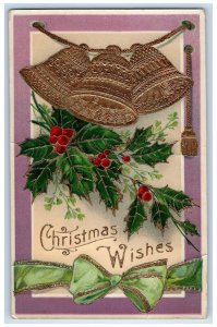 1911 Christmas Wishes Ringing Bells Berries Embossed Gel Golt Gilt Postcard
