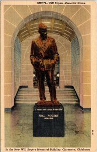 Will Rogers Memorial Statue Claremore Oklahoma OK Linen Postcard Curteich VTG  