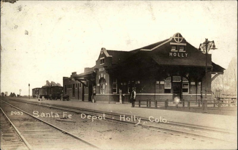Holly Colorado CO Train Station Depot Santa Fe c1910 Real Photo Postcard