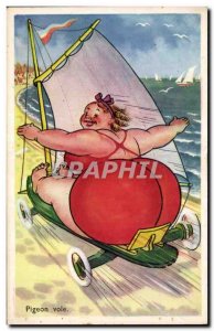 Humor - Illustration - Pigeon Fly - Beach - bath - beach - Old Postcard