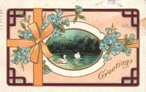 Vintage Postcard 1910's Greetings Swan Lake Seascape Yellow Ribbon Blue Petals