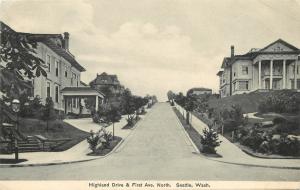 Vintage Postcard Highland Drive & First Ave. North Seattle WA Residential Street