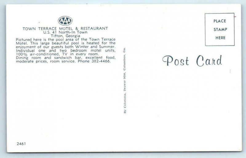 TIFTON, Georgia GA ~ Roadside TOWN TERRACE MOTEL Restaurant c1960s  Postcard