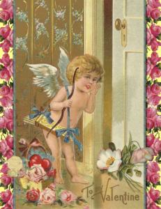 Set of 6 Handmade Valentine Postcards, Victorian Cupid with Pink Country Rose