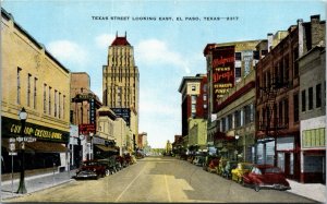 Postcard TX El Paso Texas Street Looking East Drug & Shoe Store 1940s S56