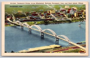 Davenport IA~Air View Of Centennial Bridge Over Mississippi River~Linen Postcard