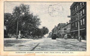 c.'07, Hampshire St Looking W.  from 5th, Street Car,Msg,Quincy,IL,Old Post Card