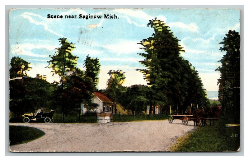 Vintage 1910's Postcard Country Road Antique Auto Horse & Buggy Saginaw Michigan