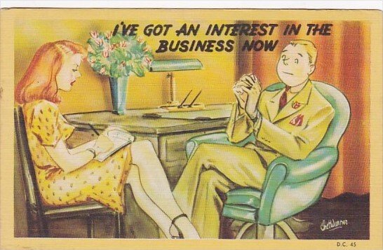 Humour Couple Sitting At Desk I've Got An Interest In The Business Now S...