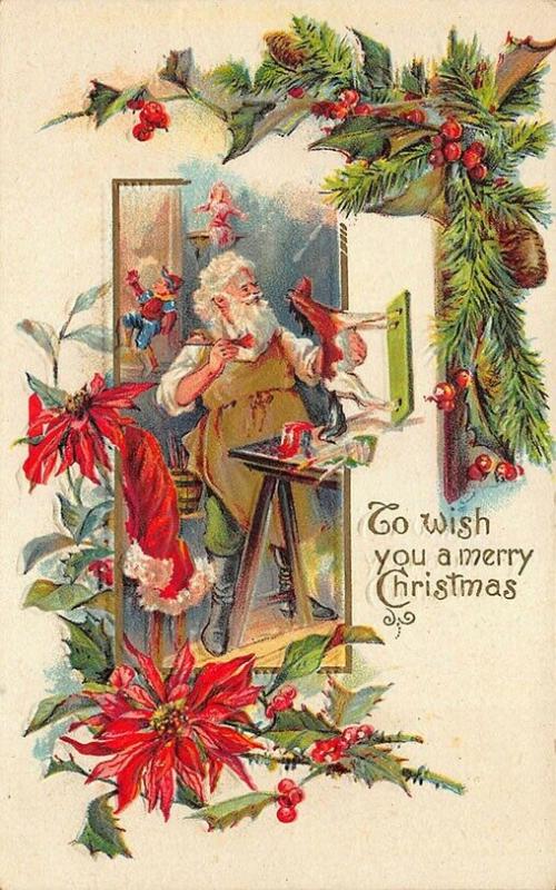 Wish merry Christmas Brown Robed Santa Claus Artist Painting Postcard