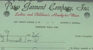 1952 Parco Garment Company Inc Trinity Ave Atlanta GA Clothes Blouse Invoice 325