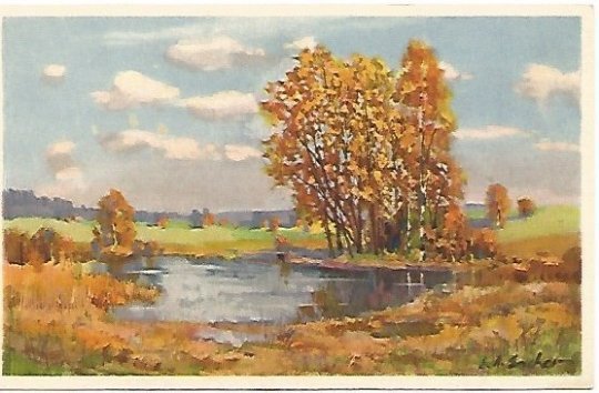 Vintage Postcard, Flame Orange and Burnt Umber Trees in Tranquil Country Scene