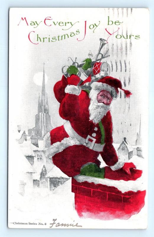 Postcard Christmas Red Santa Going Down Chimney Pre 1908 J12