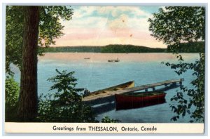 c1940's Boat Landing Scene Greetings from Thessalon Ontario Canada Postcard