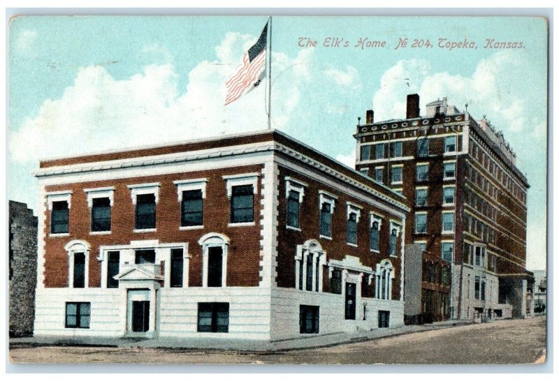 1911 Elk's Home Exterior Building US Flag Topeka Kansas Vintage Antique Postcard