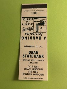 Vintage Matchbook Cover Oran State Bank Oran Benton, Missouri MB180