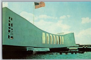 USS Arizona Memorial at Pearl Harbor American Flag Waving Hawaii Postcard