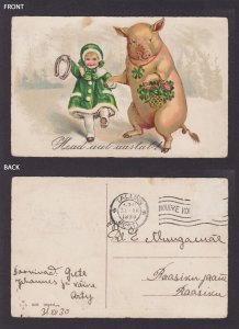 ESTONIA 1930, Vintage postcard, Girl with pig, New Year, Posted