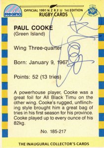 Paul Cooke Otago NZ Rugby Team 1991 Hand Signed Card Photo