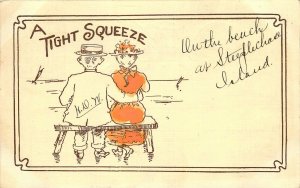 ROMANTIC MAN & WOMAN SITTING ON BENCH A TIGHT SQUEEZE UDB POSTCARD c1905