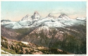 Vintage Postcard 1920's Three Tetons Mountains Jackson Hole Elk Herd Winter