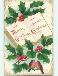 Pre-Linen christmas GUILT EDGED BOOK ON POSTCARD WITH BIRDS AND HOLLY HQ7192