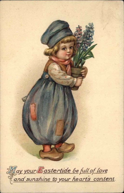 Tuck Easter Dutch Boys Little Dutch Boy with Flowers c1910 Vintage Postcard