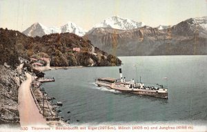 THUNERSEE BEATENBUCHT JUNGFRAU SWITZERLAND MOUNTAINS & SHIP POSTCARD (c. 1910)