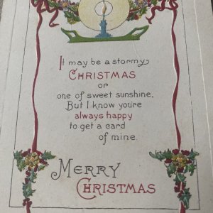 Antique Embossed Christmas Postcard - Poem, Candle, Holly, Ribbon, Holiday