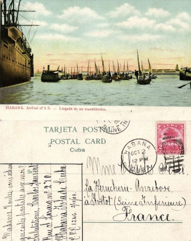 cuba, HAVANA, Llegada  de un Trasatlántico, Arrival of a Steamer (1908) Postcard