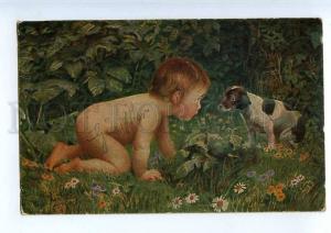 240929 Nude Baby & Little PUPPY Dog by RIESEN Vintage postcard