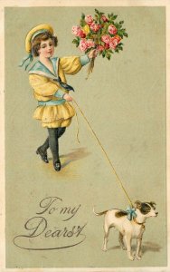 Embossed Greetings Postcard; Boy in Yellow Sailor Suit, Jack Russell Terrier Dog